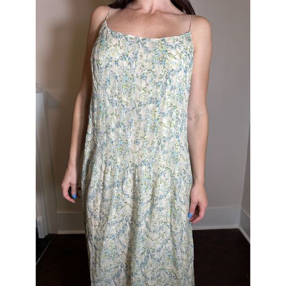 Vintage 100% Silk Green Floral Midi Dress Size 12 - Picture 1 of 5